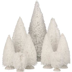 9x stuks kerstdorp onderdelen miniatuur kerstbomen/dennenbomen wit