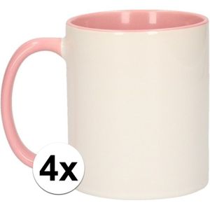 4x Wit met lichtroze blanco mokken - onbedrukte koffiemok