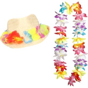 Carnaval verkleed set - Tropische Hawaii party - bloemen band strohoedje - en LED bloemenkrans