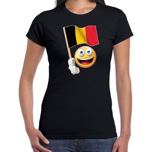 Belgie fan shirt met smiley en Belgische zwaaivlaggetje zwart voor dames