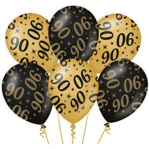 18x stuks leeftijd verjaardag feest ballonnen 90 jaar geworden zwart/goud 30 cm