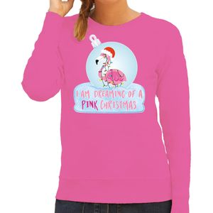 Bellatio Decorations Foute kersttrui/sweater dames - flamingo in kerstbal - roze - pink Christmas