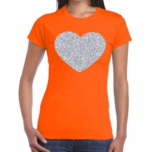 Zilveren hart glitter fun t-shirt oranje voor dames