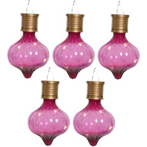 Lumineo solar hanglamp bol/lampion - 5x - Marrakech - fuchsia roze - kunststof - D8 x H12 cm