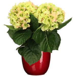 Hortensia kunstplant/kunstbloemen 36 cm - groen/roze - in pot rood