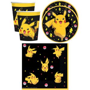 Pokemon themafeest drinkbekers/gebaksbordjes/servetten - 48x - zwart/geel - karton