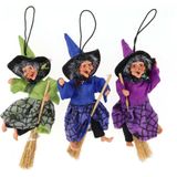 Creation decoratie heksen pop - vliegend op bezem - 10 cm - zwart/blauw - Halloween versiering