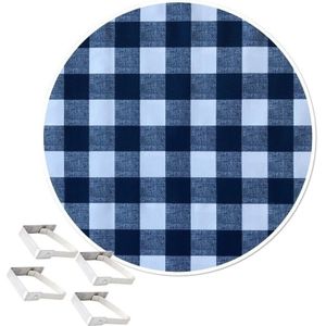 Blauwe tafelkleden/tafelzeilen 160 cm rond geruit met 4x tafelkleedklemmen