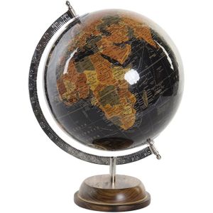 Decoratie wereldbol/globe zwart op metalen voet 28 x 37 cm