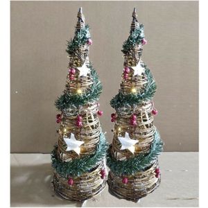 LED piramide kerstboom - 2x - H40 cm - rotan - kerstverlichting