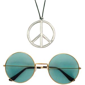 Hippie Flower Power Sixties verkleed set ketting met groene party bril