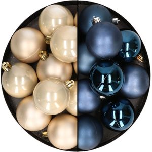 24x stuks kunststof kerstballen mix van donkerblauw en champagne 6 cm