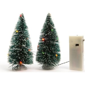 2x stuks kerstdorp onderdelen miniatuur boompjes met gekleurde verlichting 15 cm
