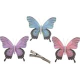 3x stuks Kerst decoratie vlinders op clip - paars/blauw/roze - 12 cm