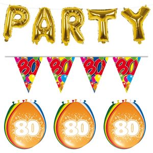 Verjaardag feestversiering 80 jaar PARTY letters en 16x ballonnen met 2x plastic vlaggetjes