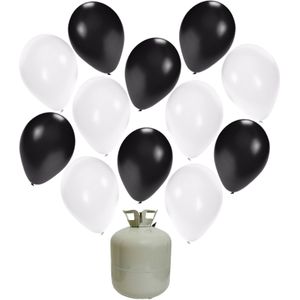 50x Helium ballonnen zwart/wit 27 cm + helium tank/cilinder