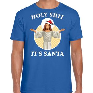 Blauw Kerst shirt / Kerstkleding Holy shit its Santa voor heren