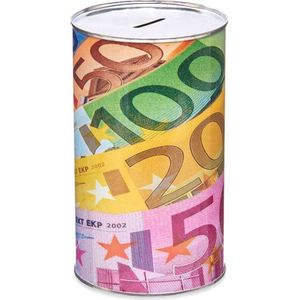 Spaarpot blik met een paar euro biljetten - gekleurd - 10 x 17 cm - Kinderen/volwassenen
