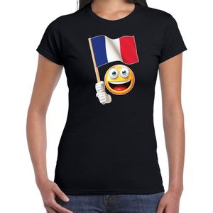 Frankrijk fan shirt met smiley en Franse zwaaivlaggetje zwart voor dames