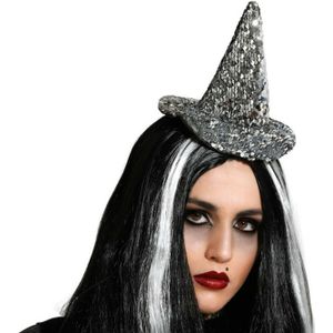 Halloween heksenhoed - mini hoedje op diadeem - one size - zilver glitter - meisjes/dames