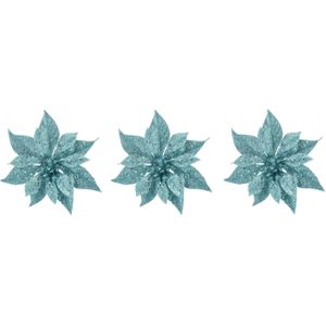 6x stuks decoratie bloemen kerstster ijsblauw glitter op clip 18 cm