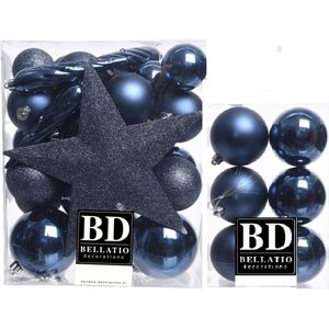 39x stuks kunststof kerstballen met ster piek donkerblauw mix