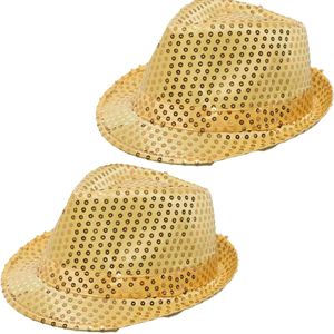 2x Stuks Trilby hoeden met pailletten - goud - glitter