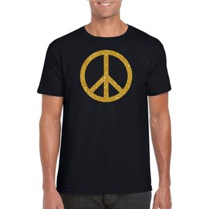 Toppers Zwart Flower Power t-shirt gouden glitter peace teken heren