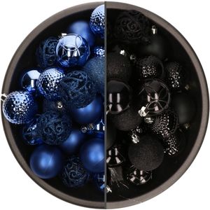 74x stuks kunststof kerstballen mix van kobalt blauw en zwart 6 cm
