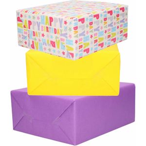 3x Rollen kraft inpakpapier geel/paars/happy birthday 200 x 70 cm