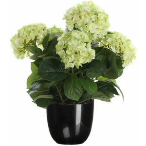 Hortensia kunstplant/kunstbloemen 45 cm - groen - in pot zwart