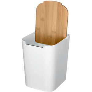5Five prullenbak/vuilnisbak - 5 liter - bamboe - wit/lichtbruin - 24 x 19 cm - badkamer afvalbak