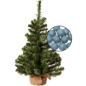 Mini kerstboom groen met verlichting - in jute zak - H60 cm - blauw
