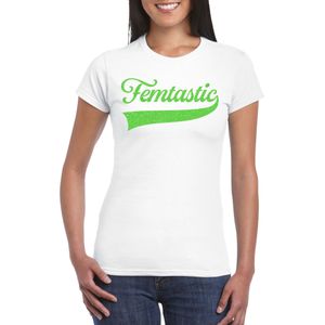 Bellatio Decorations Foute party t-shirt voor dames - Femtastic - wit - glitter - carnaval/themafeest