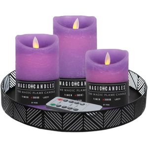 LED kaarsen - 3x st - lavendel paars - met zwart rond dienblad/kaarsenbord 29,5 cm - metaal