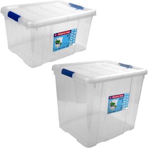 2x Opbergboxen/opbergdozen met deksel 16 en 35 liter kunststof transparant/blauw