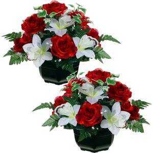 Louis Maes Kunstbloemen plantje in pot - 2x - kleuren rood/wit - 25 cm - Bloemstuk ornament - orchidee/rozen met bladgroen