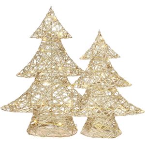 Decoratie kerstboompjes - 2x st- goud - met verlichting -H35 en h48 cm