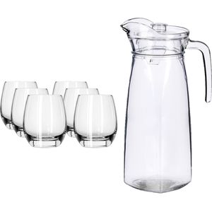 Glazen karaf/schenkkan met deksel van 1,4 liter met 6x stuks drinkglazen/waterglazen 330 ml