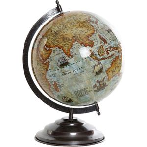 Items Deco Wereldbol/globe op voet - kunststof - blauw - home decoratie artikel - D25 x H35 cm