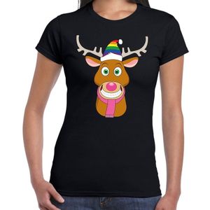 Fout Kerstmis t-shirt zwart Gay Ruldolf regenboog muts en roze sjaal voor dames