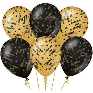 6x stuks luxe pensioen feest/party ballonnen - goud/zwart - latex - ca 30 cm