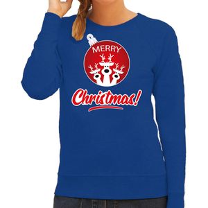 Blauwe Kersttrui / Kerstkleding Merry Christmas voor dames met rendier kerstbal