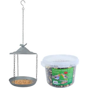 Metalen vogelbad/voederschaal hangend 30 cm met 4- seizoenen vogel strooivoer 2,5 kg