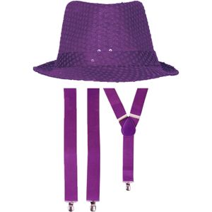 Carnaval verkleedkleding set - hoedje en bretels - paars - dames/heren
