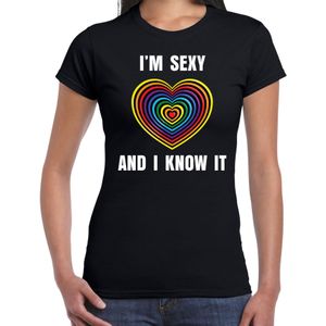 Regenboog hart Sexy and I Know It gay pride evenement shirt voor dames zwart