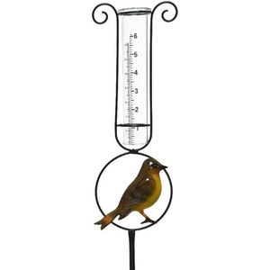 Metalen regenmeter tuindecoratie 33 cm metaal/glas met vogel