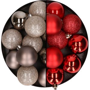 24x stuks kunststof kerstballen mix van champagne en rood 6 cm
