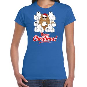 Blauw Kerstshirt / Kerstkleding hamsterende kat Merry Christmas voor dames