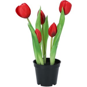 DK Design Kunst tulpen Holland in pot - 5x stuks - rood - real touch - 26 cm